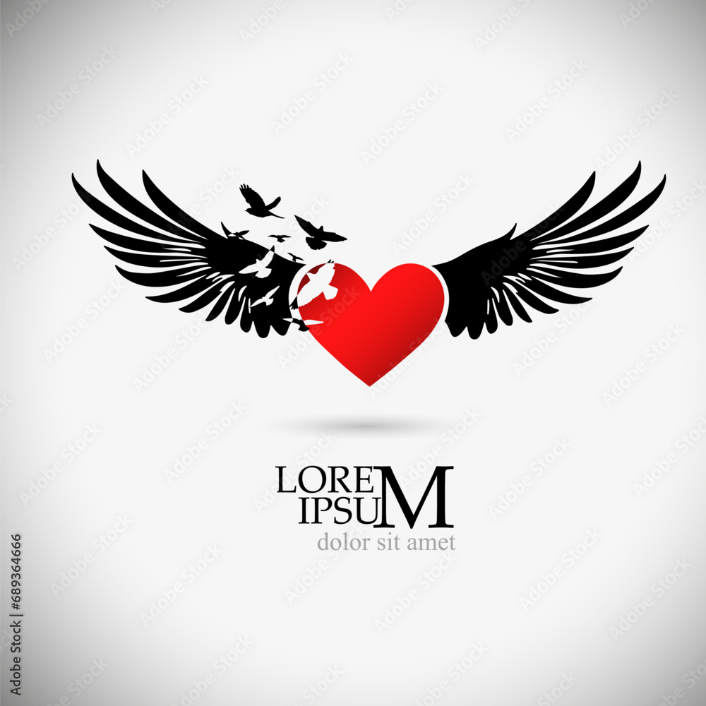 Obraz premium Heart and birds logo. hand drawing. Heart with wings. Not AI. sstkLOVE . Happy Valentine's Day. Vector illustration