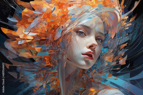 Bild einer futuristischen Frau mit von schillerndem Licht bedeckten Haaren im Stil von farbenfroher Komplexität, technologischer Kunst