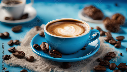Blue cup of coffee with a cookie and coffee seeds arround on a blue scene. photo
