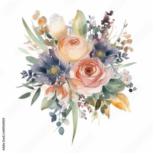 Watercolor wedding bouquet with wildflowers, white background. AI generate illustration