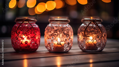 Red and patterned candle jars illuminate a dark setting, providing a cozy and romantic light. Great for intimate dinners or as charming home accents. 