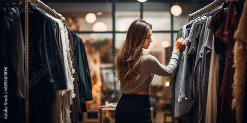 Woman choosing clothes in fashion store