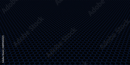Dark grey abstract wide horizontal banner with hexagon carbon fiber grid and orange luminous lines.