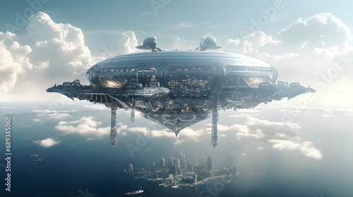 Floating city above the clouds high-tech zeppelins aerial parks sky bridges --ar 16:9 --v 5.2 --style raw