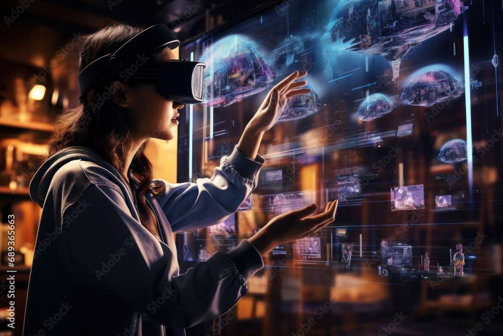 An AI-enhanced virtual reality experience, immersing users in a simulated environment and showcasing the entertainment applications of artificial intelligence. Generative Ai. An AI-enhanced virtual reality experience, immersing users in a simulated environment and showcasing the entertainment applications of artificial intelligence. Generative Ai.