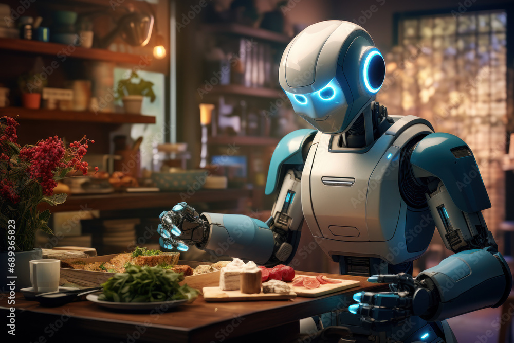 A humanoid robot assisting with household tasks, showcasing the practical applications of artificial intelligence in daily life. Concept of domestic AI assistance. Generative Ai. A humanoid robot assisting with household tasks, showcasing the practical applications of artificial intelligence in daily life. Concept of domestic AI assistance. Generative Ai.