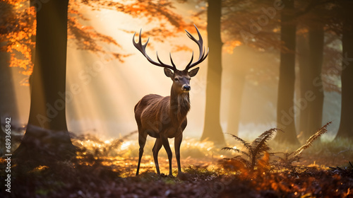 Majestic deer in a misty forest at dawn subtle sunlight serene --ar 16:9 --v 5.2 --style raw