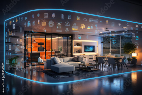 A smart home system using AI to learn and predict user preferences, optimizing energy consumption and creating a comfortable living environment. Concept of intelligent home automation. Generative Ai.