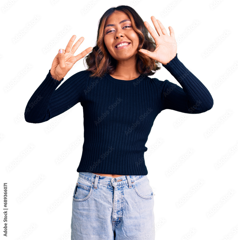 Young beautiful mixed race woman wearing casual clothes showing and pointing up with fingers number eight while smiling confident and happy.