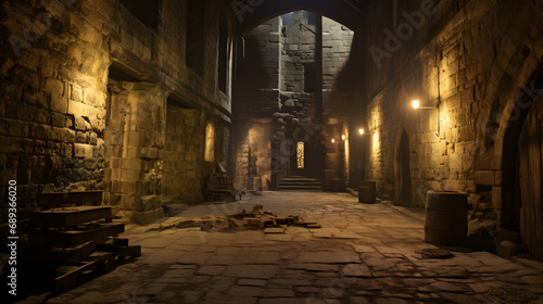 Medieval dungeon torch-lit stone walls hidden beneath a castle --ar 16:9 --v 5.2 --style raw photo