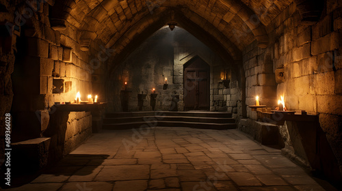 Medieval dungeon torch-lit stone walls hidden beneath a castle --ar 16:9 --v 5.2 --style raw