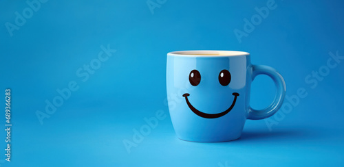 A Cheerful Smiley Face Mug on a Vibrant Blue