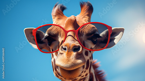  Cute giraffe with glasses against the blue sky in summer looks at the camera