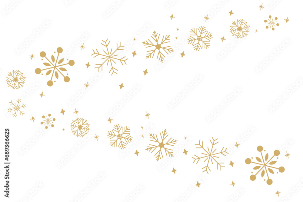 Christmas bright snowflake border banner. Gold seamless snowflake wave with star borders. Merry Christmas snow flake header or banner, wallpaper or backdrop decor. Isolated vector illustration - obrazy, fototapety, plakaty 