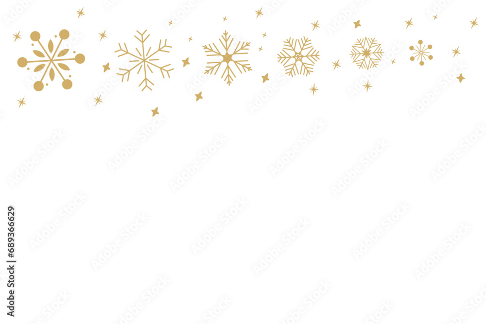 Christmas bright snowflake border banner. Gold seamless snowflake wave with star borders. Merry Christmas snow flake header or banner, wallpaper or backdrop decor. Isolated vector illustration Christmas bright snowflake border banner. Gold seamless snowflake wave with star borders. Merry Christmas snow flake header or banner, wallpaper or backdrop decor. Isolated vector illustration