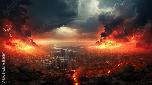 Destruction of cities. A photo depicting a city in flames and smoke from bombing, conveying the tragic consequences of destruction and despair. #689366611