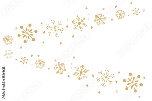 Christmas bright snowflake border banner. Gold seamless snowflake wave with star borders. Merry Christmas snow flake header or banner, wallpaper or backdrop decor. Isolated vector illustration