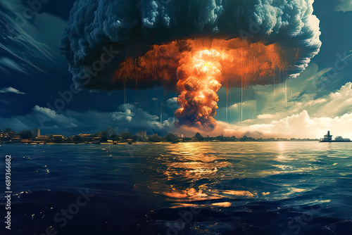 Dystopian aftermath, Stock photo depicting smoke from a nuclear explosion a haunting image symbolizing the gravity and consequences of a catastrophic event. © Людмила Мазур