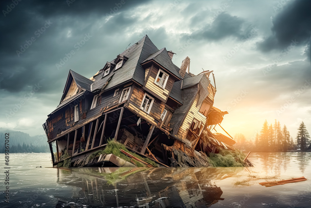 Earthquake aftermath, Stock photo depicting house destruction a poignant image capturing the