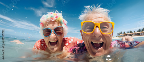 grandparents on vacation enjoying their retirement submerged in the sea water photo
