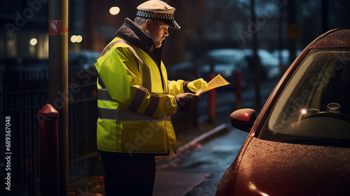 traffic warden civil enforcement officer wearing reflective yellow vest issuing fixed penalty parking ticket fine photo