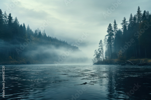 Thick fog enveloping a tranquil lake  creating an ethereal and mysterious atmosphere. Concept of atmospheric mystique. Generative Ai.