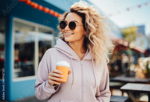 Portrait of a beautiful smiling woman walking on a city street with a cup of coffee in her hands.