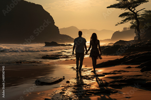 A couple strolling along an exotic beach at sunset.