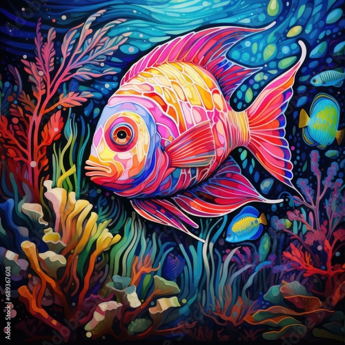 A vibrant fish with colorful scales swims among coral reefs in the ocean. Generative AI.