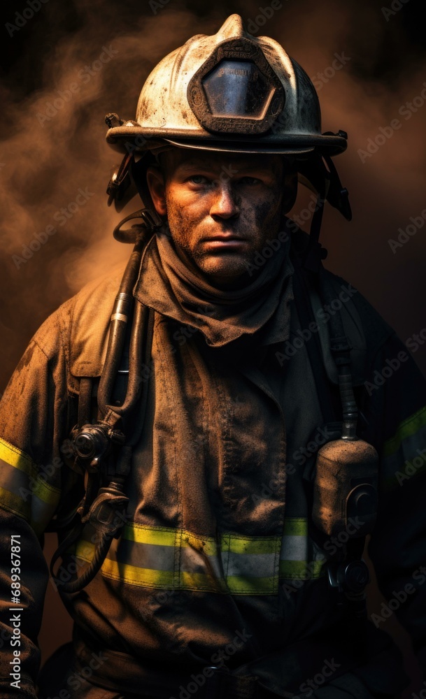 A brave firefighter poses amidst billowing smoke and intense flames, showcasing strength and resilience. Generative AI.