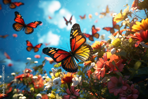 A swarm of butterflies dancing in the warm air, bringing color and vibrancy to a sunny day. Concept of a butterfly breeze. Generative Ai. © Sebastian
