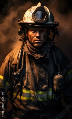 A brave firefighter poses amidst billowing smoke and intense flames, showcasing strength and resilience. Generative AI. © serg3d