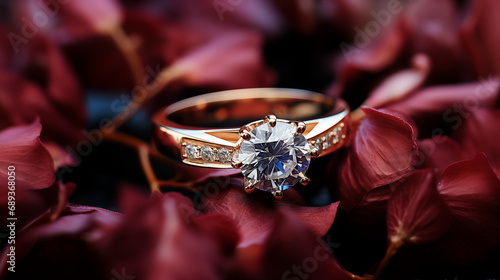 Closeup of a golden diamond ring on a background of red rose petals. Romantic jewelry gift for engagement or wedding.