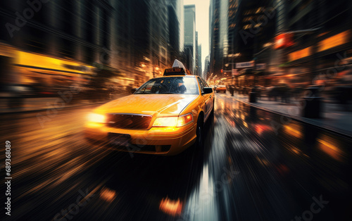 Yellow taxi driving through the city during rush hour