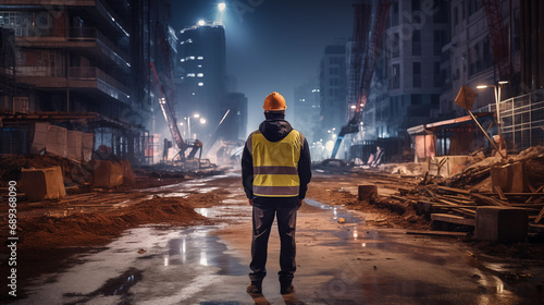 Construction worker wearing safety equipment at construction site