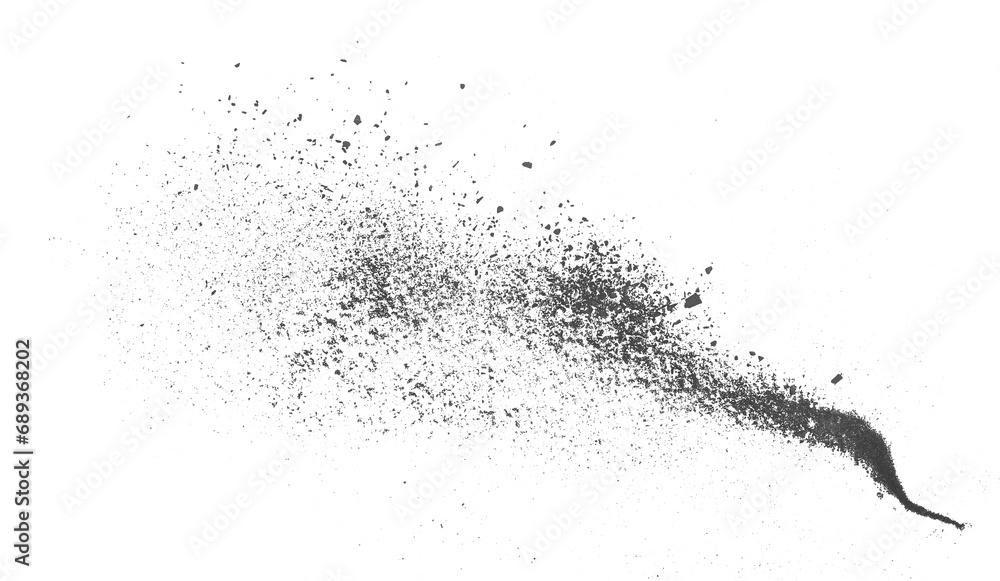 Black chalk pieces and powder flying, isolated on white, clipping path