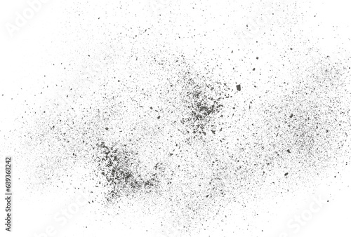 Black chalk pieces and powder flying  explosion effect isolated on white  clipping path
