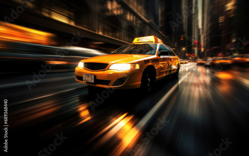 Yellow taxi driving through the city during rush hour © piai