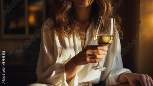 A glass of white wine in the hands of a girl relaxing in a restaurant. Tasting of alcoholic beverages. Summer rest. Romantic evening aperitif. Close-up of a glass of wine. Enjoyment. Generated AI