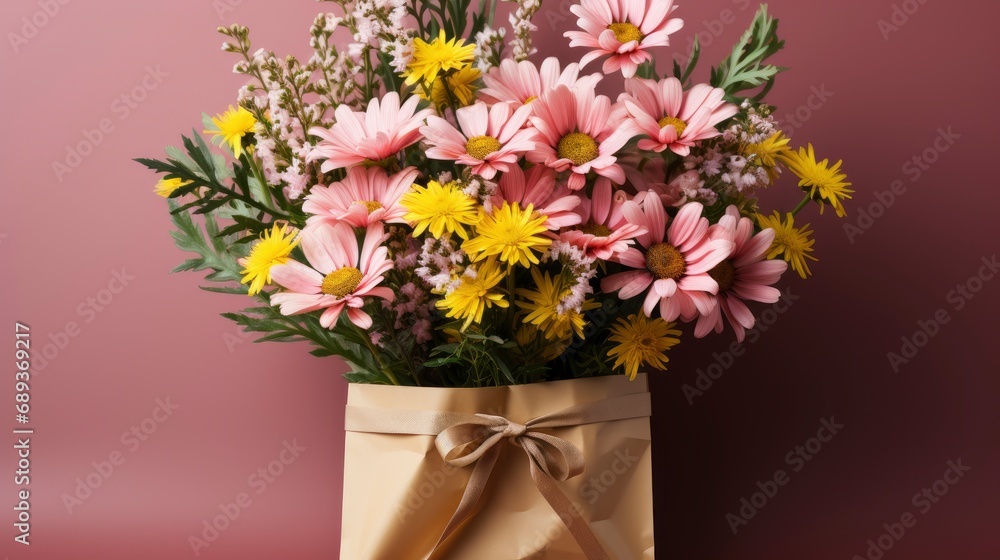 Flowers Craft Paper Bag On Pink, Background Image, Desktop Wallpaper Backgrounds, HD