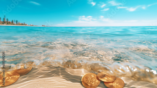 An ocean, waves in the ocean, in the middle of it bitcoin swimming, business concept, relax image, meditating colors, high detailed crypto coin