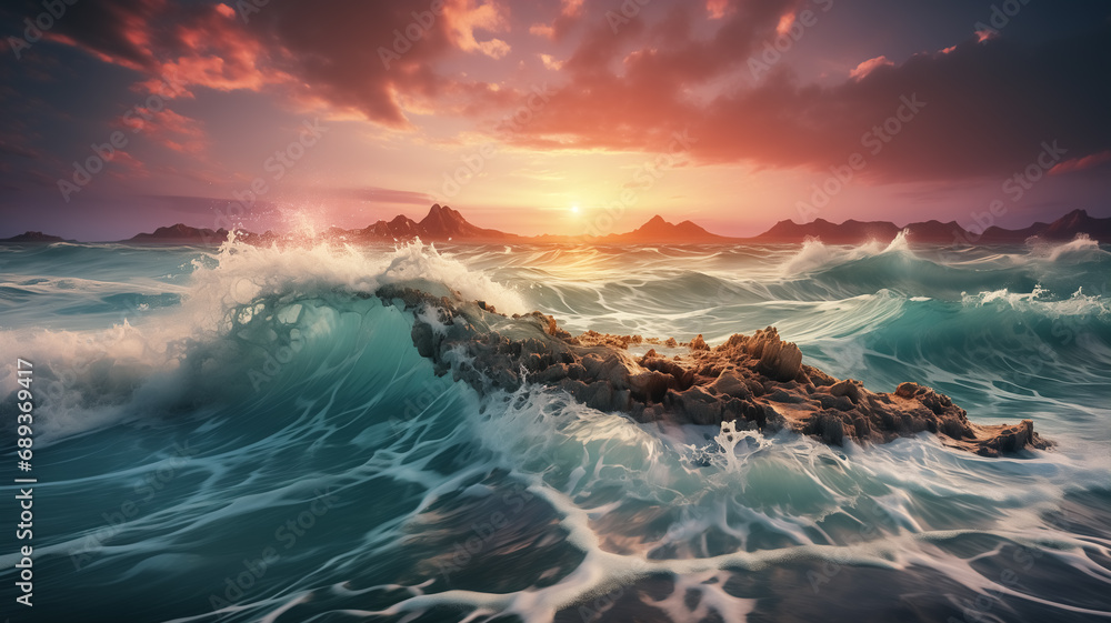 Magical sunset over the ocean. Ocean waves and sharp rock in the ocean. 