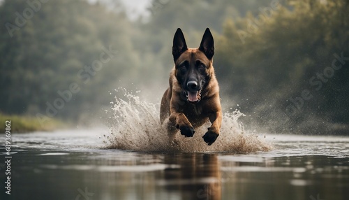 Belgian Malinoisas running in the river, heavy foggy weather, splashing and droplets
 photo