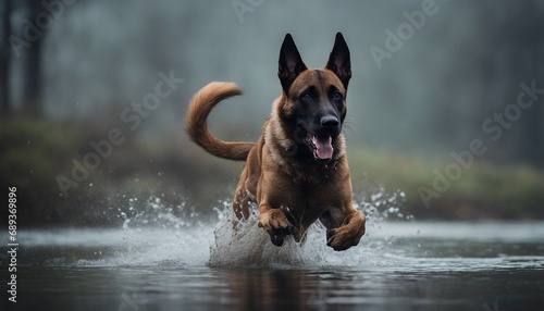 Belgian Malinoisas running in the river, heavy foggy weather, splashing and droplets 
