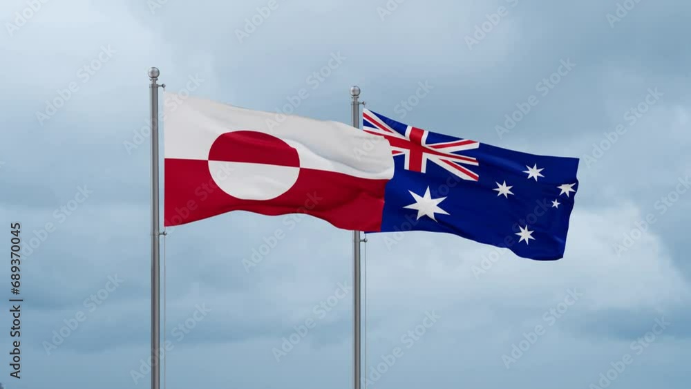 Australia flag and Greenland flag waving together on cloudy sky, endless seamless loop, two country relations concept Australia flag and Greenland flag waving together on cloudy sky, endless seamless loop, two country relations concept