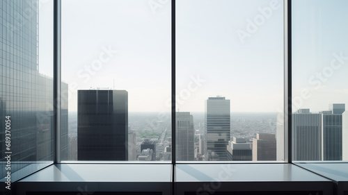 High-rise modern building with wide windows of city view. Empty room with wide windows.Minimalism style. Can be used for office and conferences.