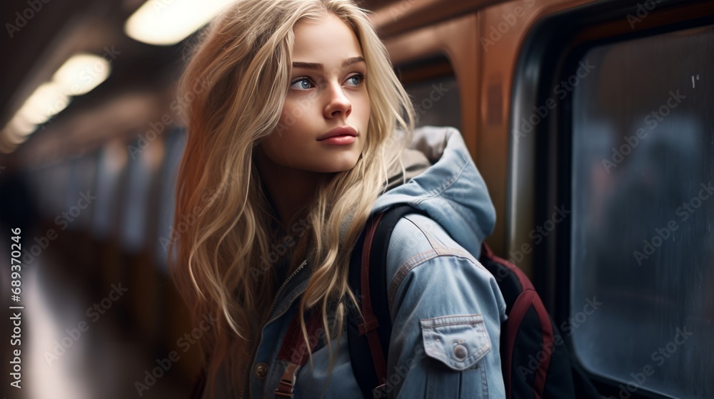 girl with blonde har wearing a backpack in a train, 16:9 girl with blonde har wearing a backpack in a train, 16:9