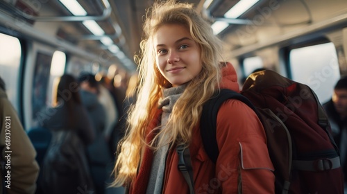 girl with blonde har wearing a backpack in a train, 16:9