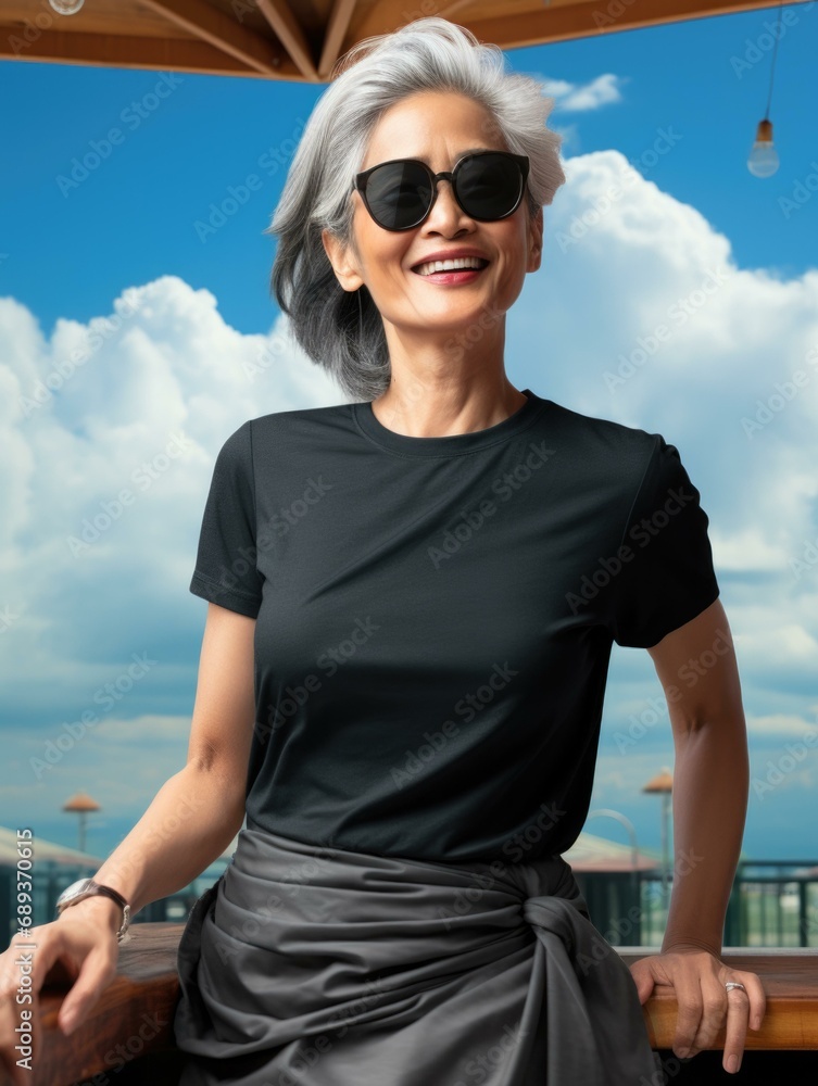 A stylish older woman in sunglasses and a black t-shirt enjoys the sunny outdoors. Generative AI. A stylish older woman in sunglasses and a black t-shirt enjoys the sunny outdoors. Generative AI.