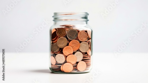 A glass jar filled with coins on a white background, symbolizing savings and financial success. Generative AI.